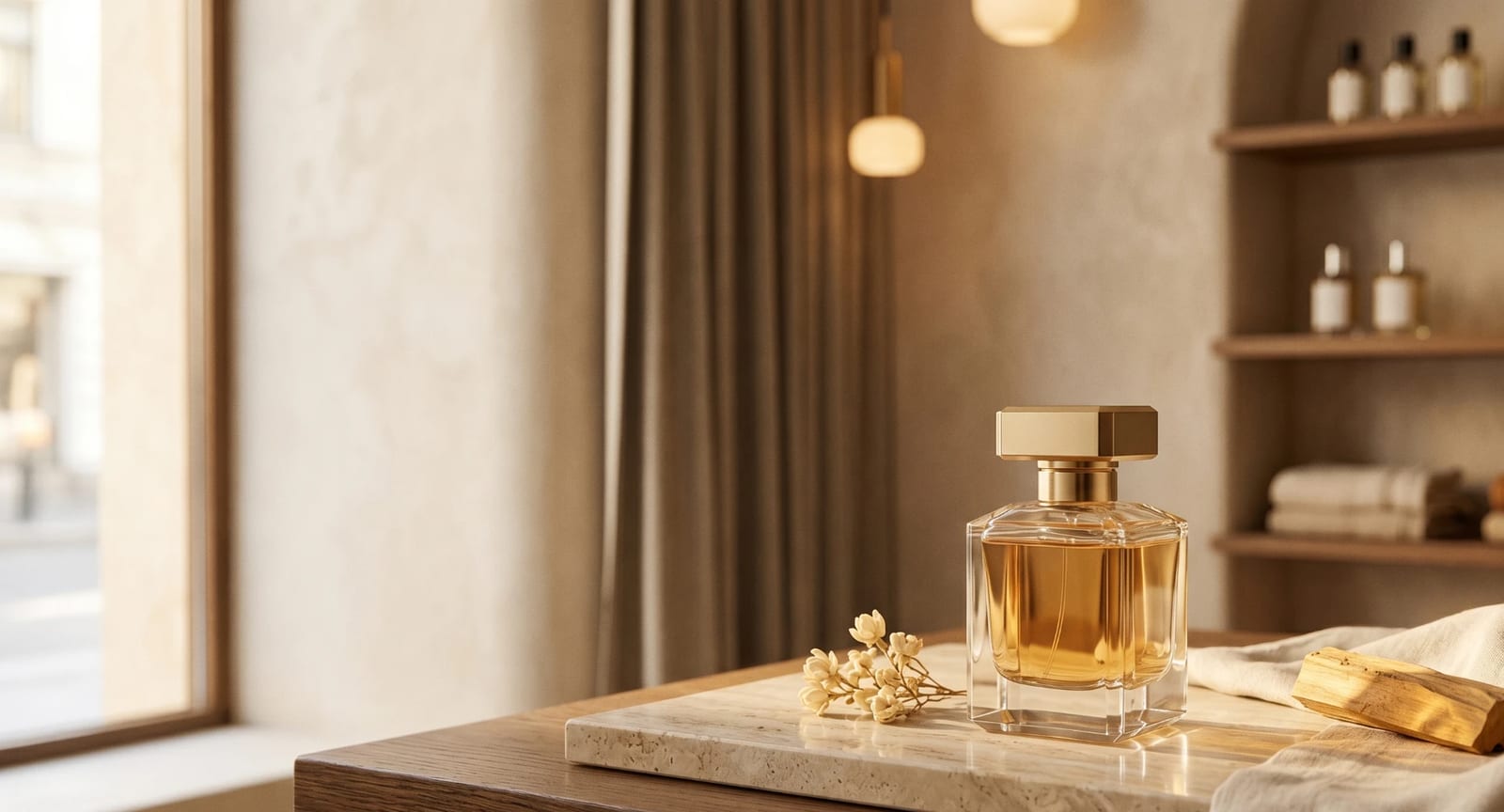 Goldener Parfum-Flakon in warmer Boutique-Atmosphäre – Auressa